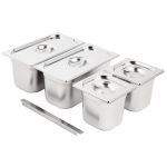 Vogue Stainless Steel Gastronorm Tray Set 2x 1/3 2 x 1/6 with Lids