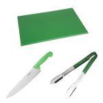 Hygiplas Colour Coded Green Set - Tong Chopping Board & Cooks Knife (3 Pack)