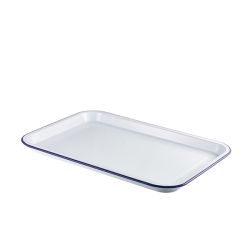 Enamel Serving Tray White with Blue Rim 33.5x23.5x2.2cm - Pack of 6