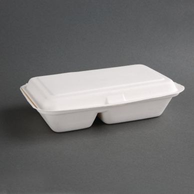 Fiesta Compostable Bagasse Hinged 2-Compartment Food Containers 253mm (200 Pack)
