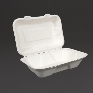 Vegware Compostable Bagasse Clamshell Hinged Meal Boxes 228mm (Pack of 200)