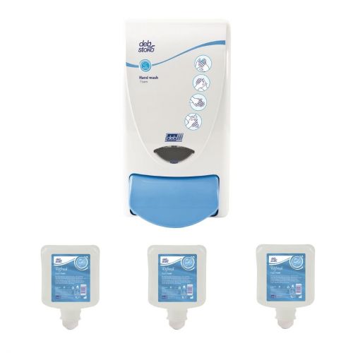 Deb Clear Foam Soap Dispenser and 3 Unperfumed Foam Hand Soaps 1Ltr (Pack of 3)